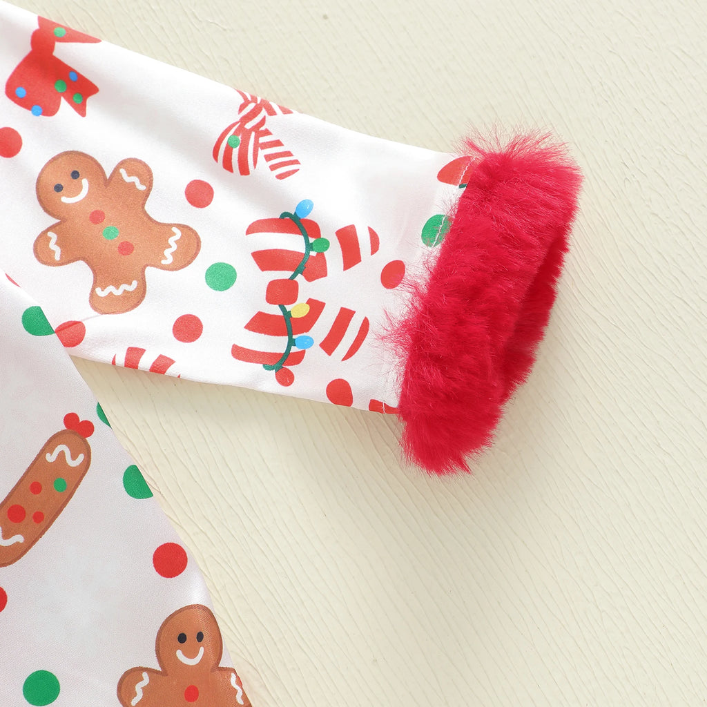 manche pyjama de noël blanc enfant avec revers en fausse fourrure rouge