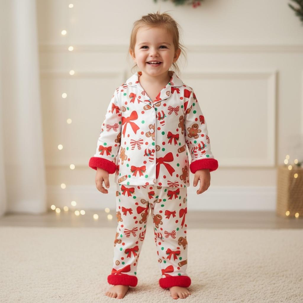petite fille portant un pyjama de noël blanc à motifs nœuds et biscuits de pain d’épices
