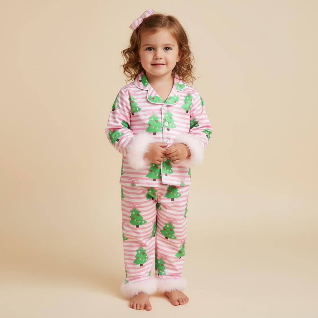 petite fille portant un pyjama de noël rose à rayures et sapins avec fourrure blanche