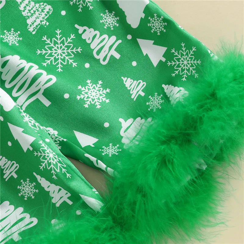 bas de pantalon pyjama de noël vert fille avec revers en fausse fourrure moelleuse
