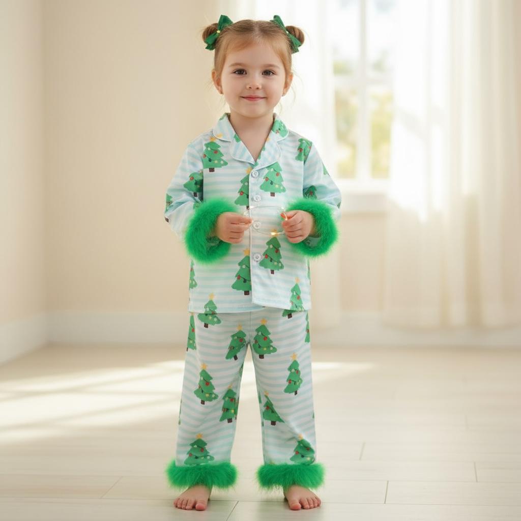 petite fille portant un pyjama de noël bleu clair à motifs sapins avec fourrure verte