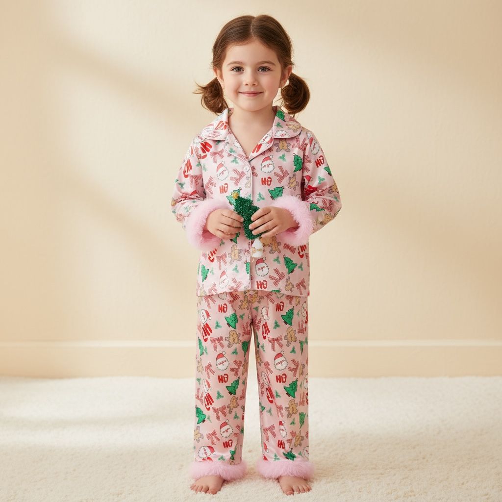 Petite fille portant un pyjama rose de Noël à motifs sucres d’orge et fourrure rose