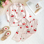 Pyjama fille ivoire à motifs cerises rouges – ensemble satiné doux 3 ans