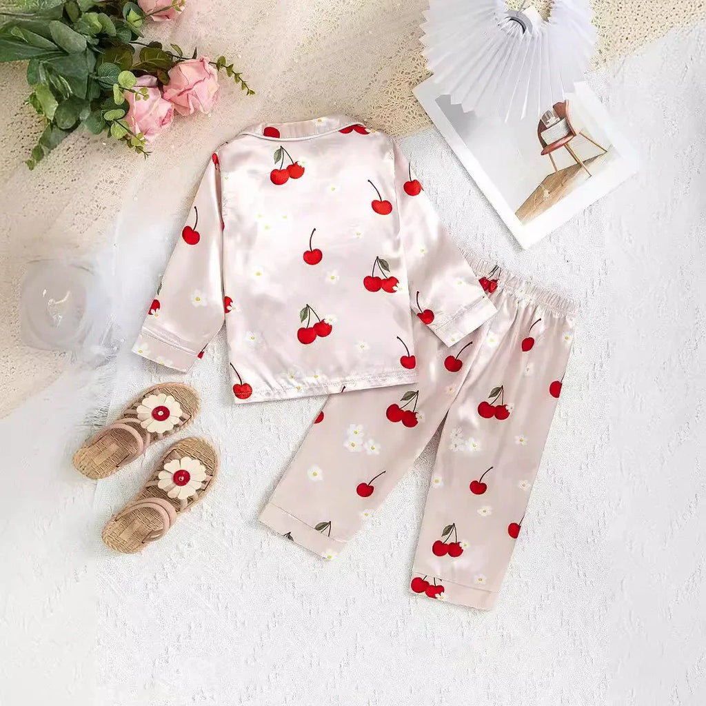 Vue dos pyjama fille ivoire cerises – haut à boutons et pantalon à taille élastique
