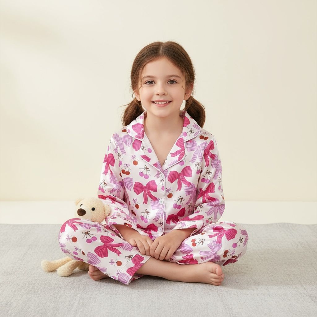 Petite fille assise portant un pyjama rose à nœuds et cerises – pyjama enfant 5 ans