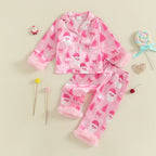 Pyjama de Noël rose pour fille avec motifs Père Noël et fourrure rose
