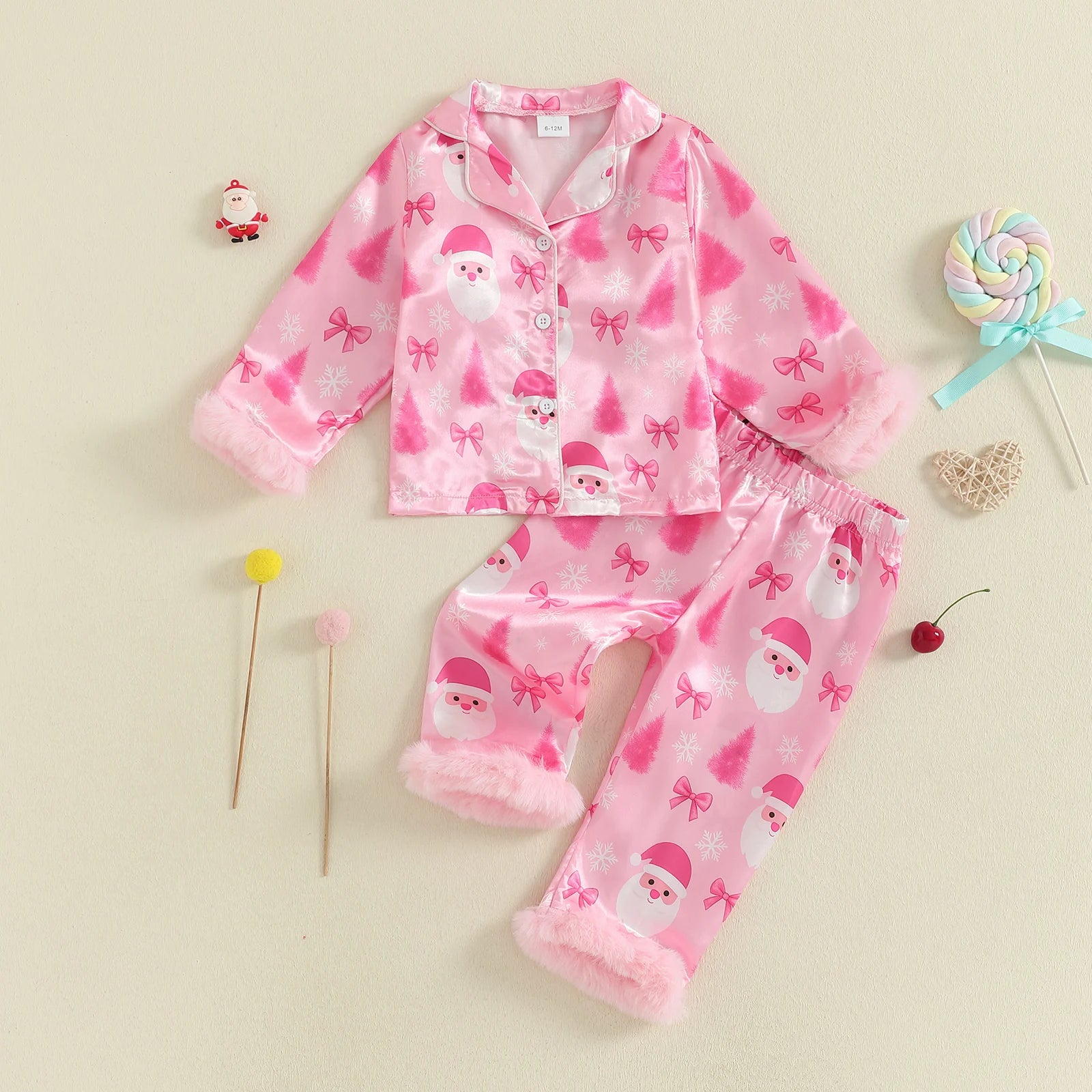 Pyjama de Noël rose pour fille avec motifs Père Noël et fourrure rose
