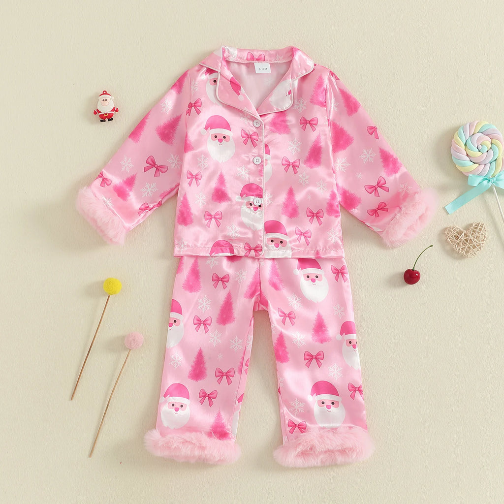Pyjama Noël fille rose deux pièces avec boutons et poignets en fausse fourrure