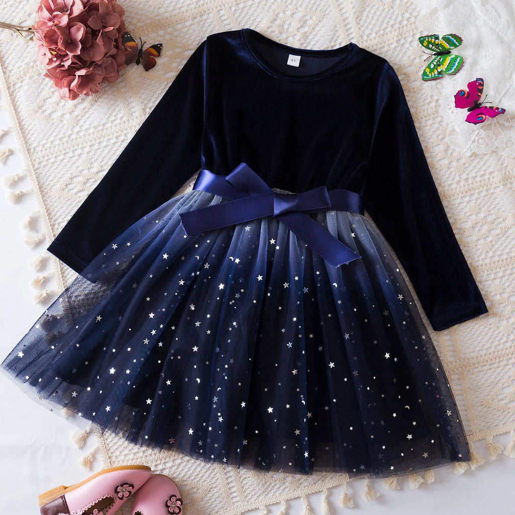 Robe de fête fille bleu nuit en velours et tulle étoilé avec nœud satiné à la taille