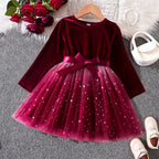 Robe de princesse bordeaux en velours et tulle pailleté avec nœud à la taille