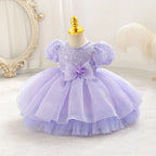 Robe bébé fille lilas à manches bouffantes et ruban à la taille, élégante et raffinée