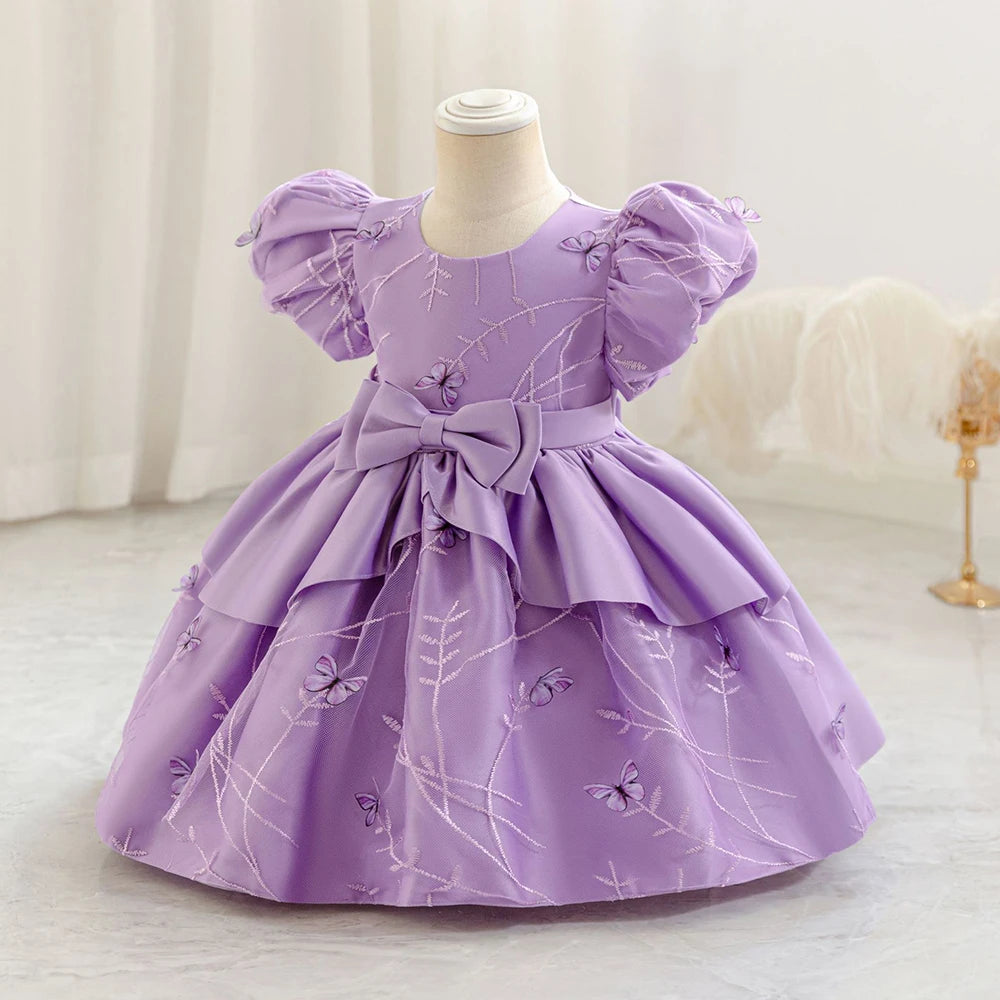 Robe de cérémonie fille violette avec manches bouffantes et broderies papillons