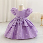 Robe de cérémonie fille violette avec manches bouffantes et broderies papillons
