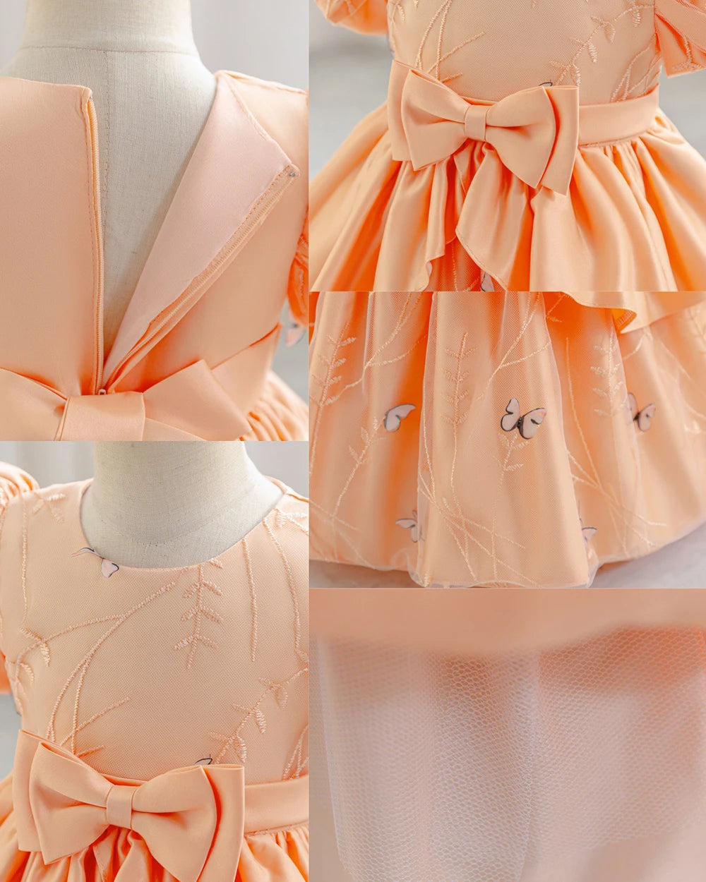 Détails de la robe pêche : tissu brodé, doublure douce et finitions raffinées