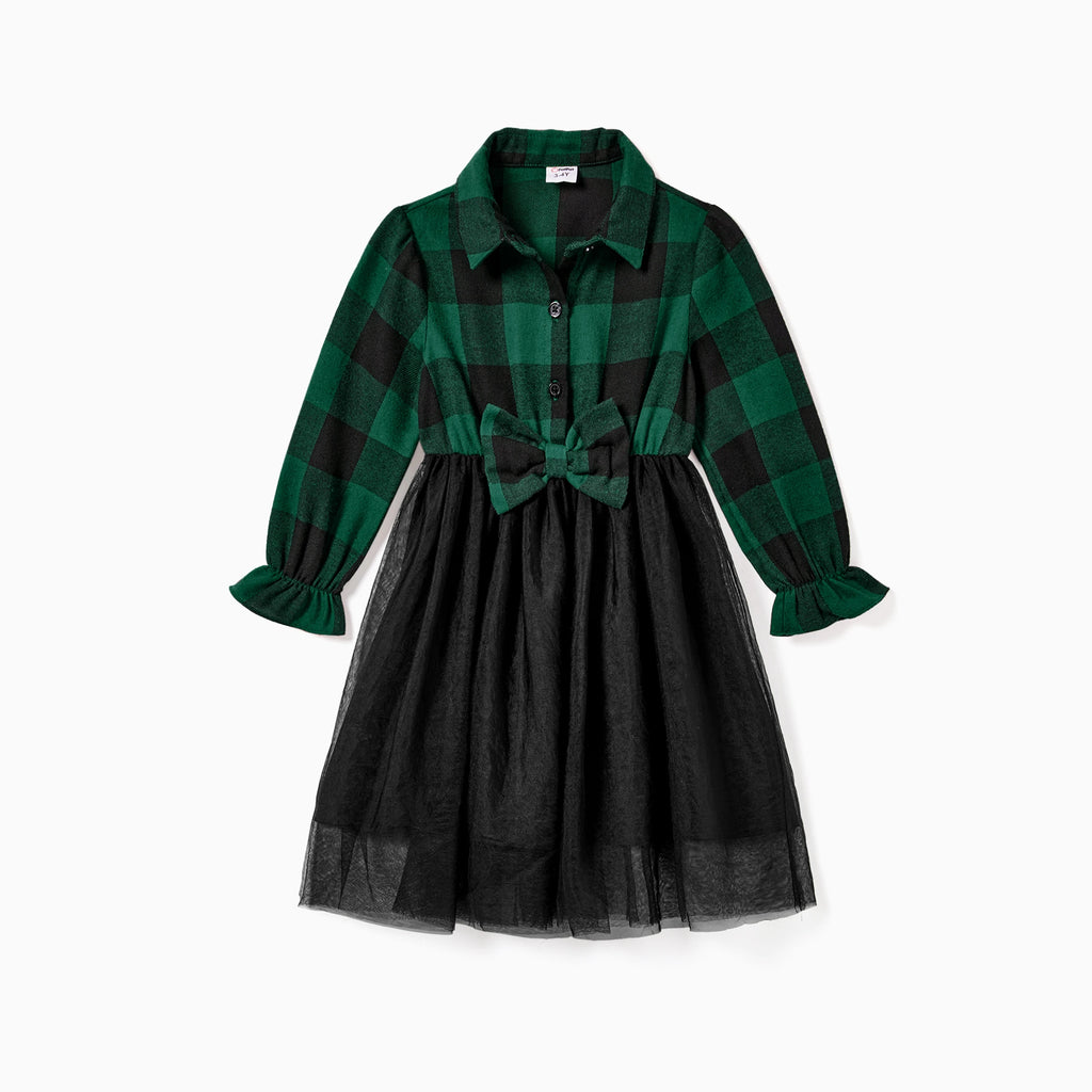 Robe fille à carreaux verts et jupe en tulle noir avec nœud à la taille