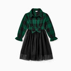Robe fille à carreaux verts et jupe en tulle noir avec nœud à la taille