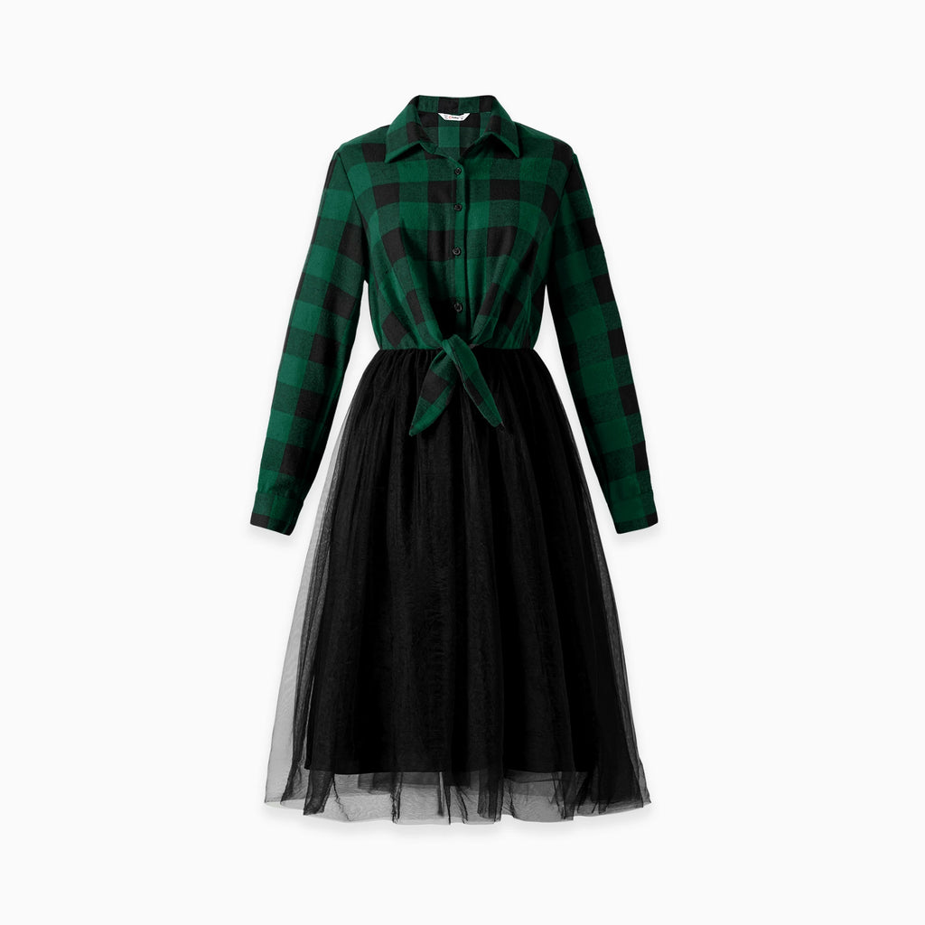 Robe femme à carreaux verts et noirs avec jupe en tulle noire et nœud à la taille