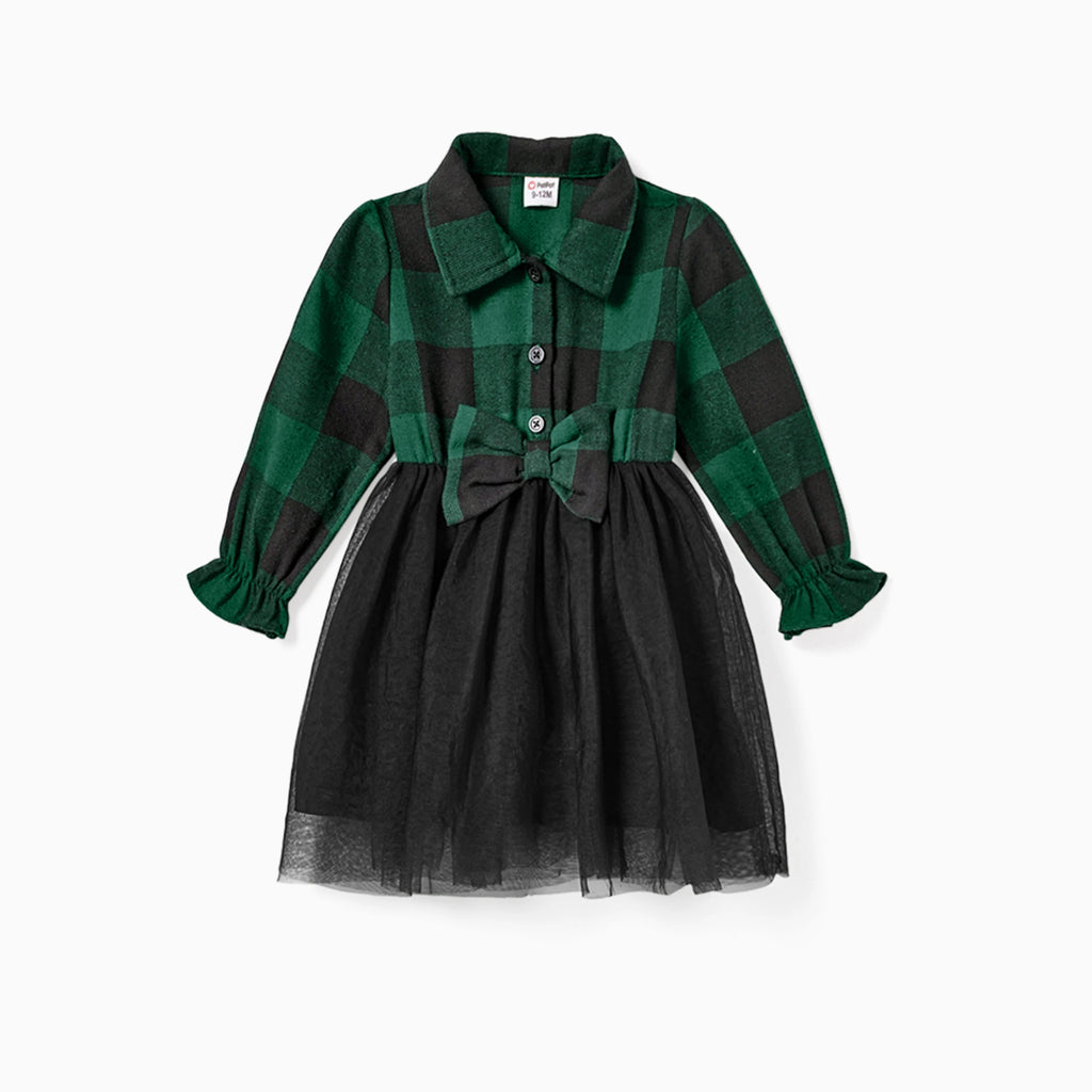 Robe enfant carreaux verts et noirs avec col chemise et jupe en tulle