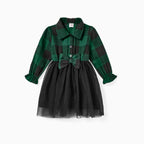 Robe enfant carreaux verts et noirs avec col chemise et jupe en tulle
