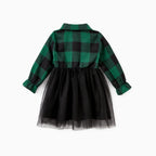 Dos de la robe fille à carreaux verts et jupe en tulle noir