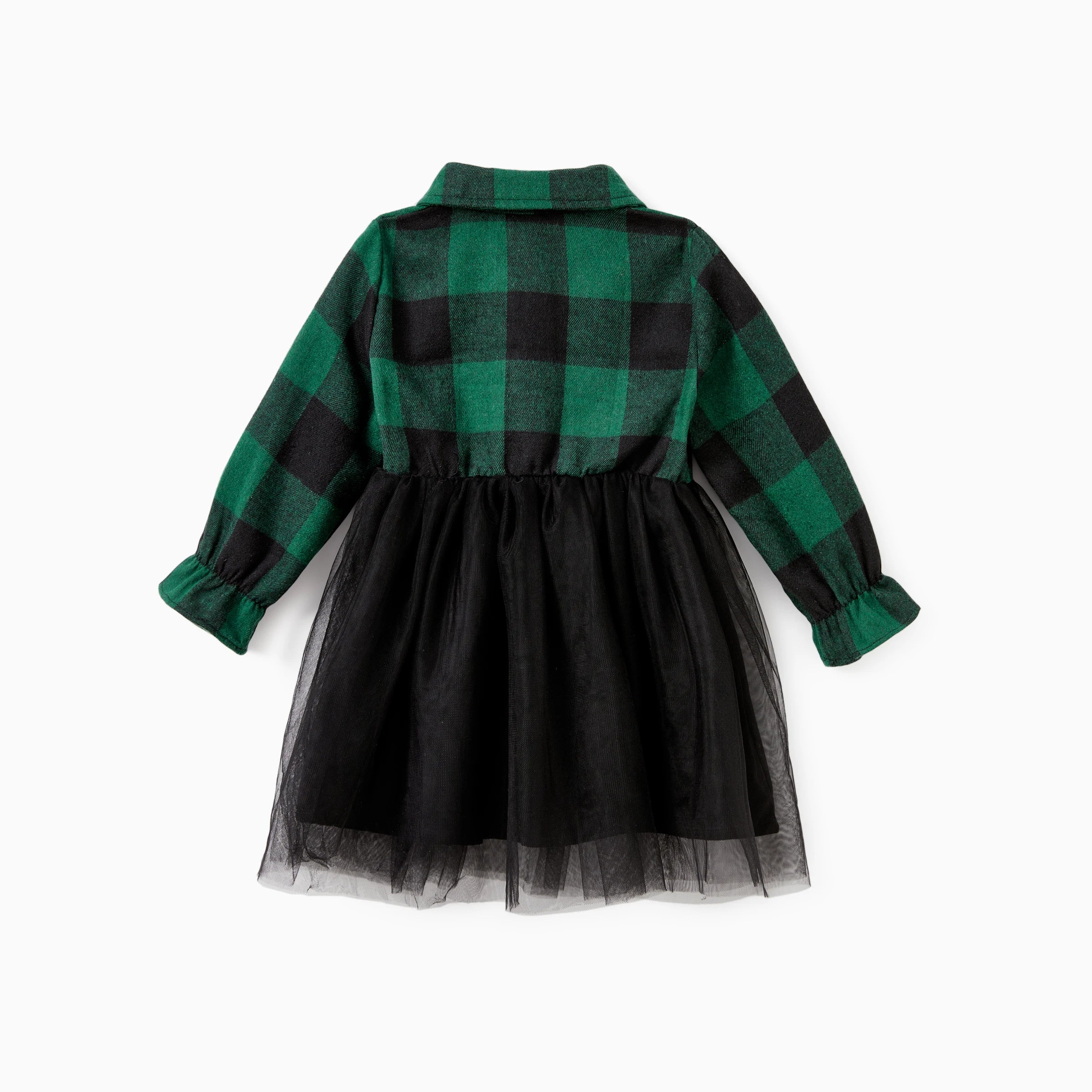 Dos de la robe fille à carreaux verts et jupe en tulle noir