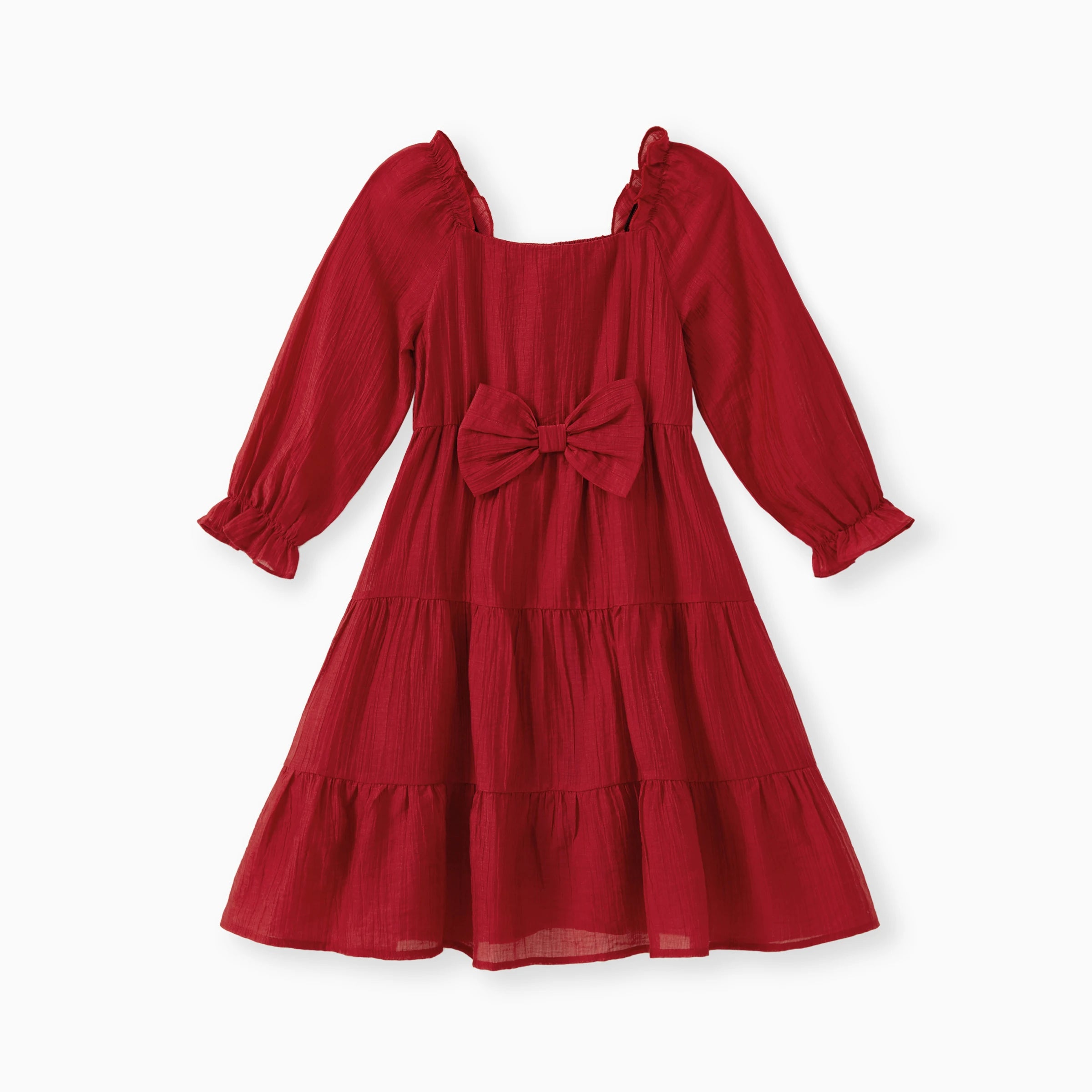 Robe rouge fille à manches longues avec grand nœud et jupe fluide à volants