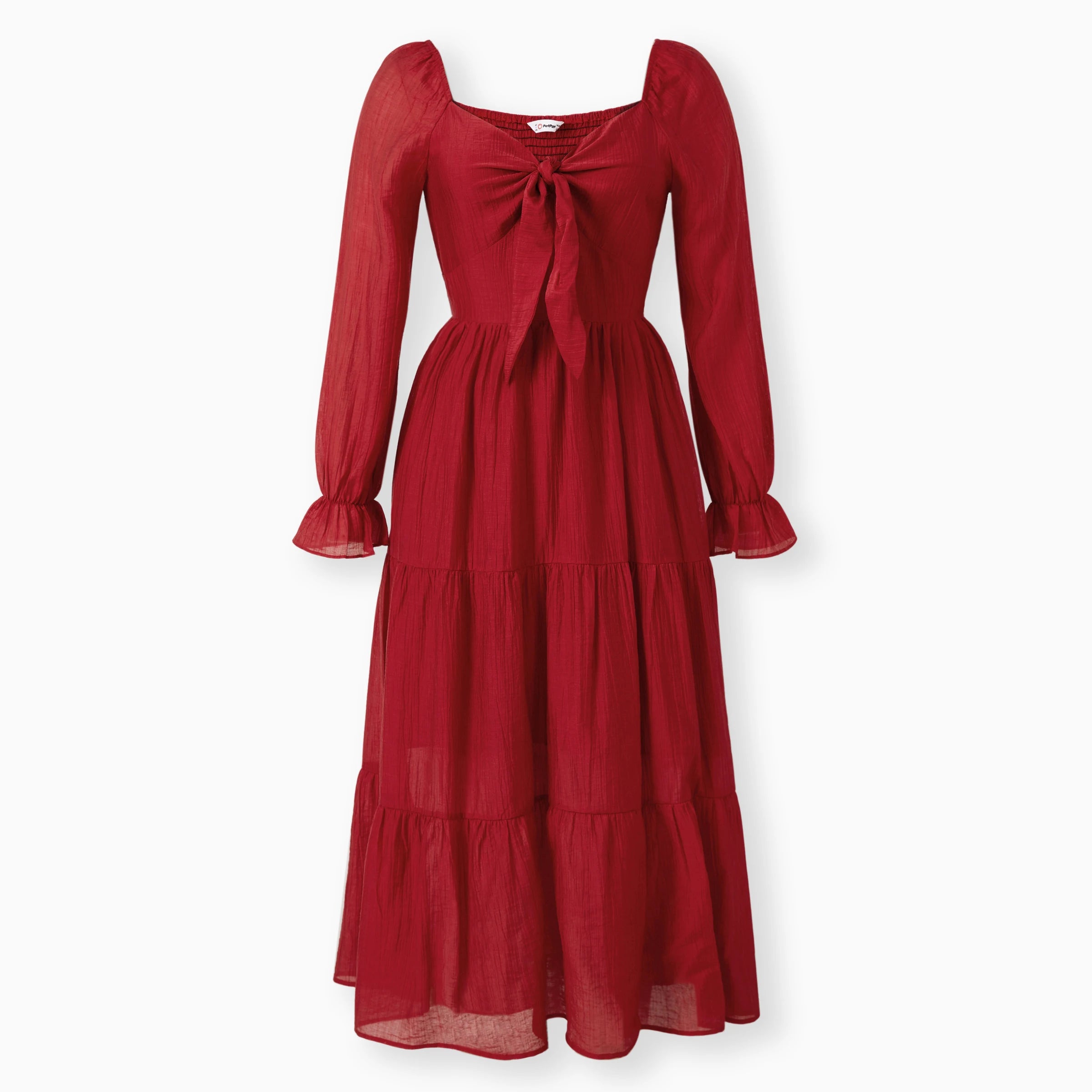 Robe femme rouge élégante à manches longues et nœud sur le buste, style mère fille assorti
