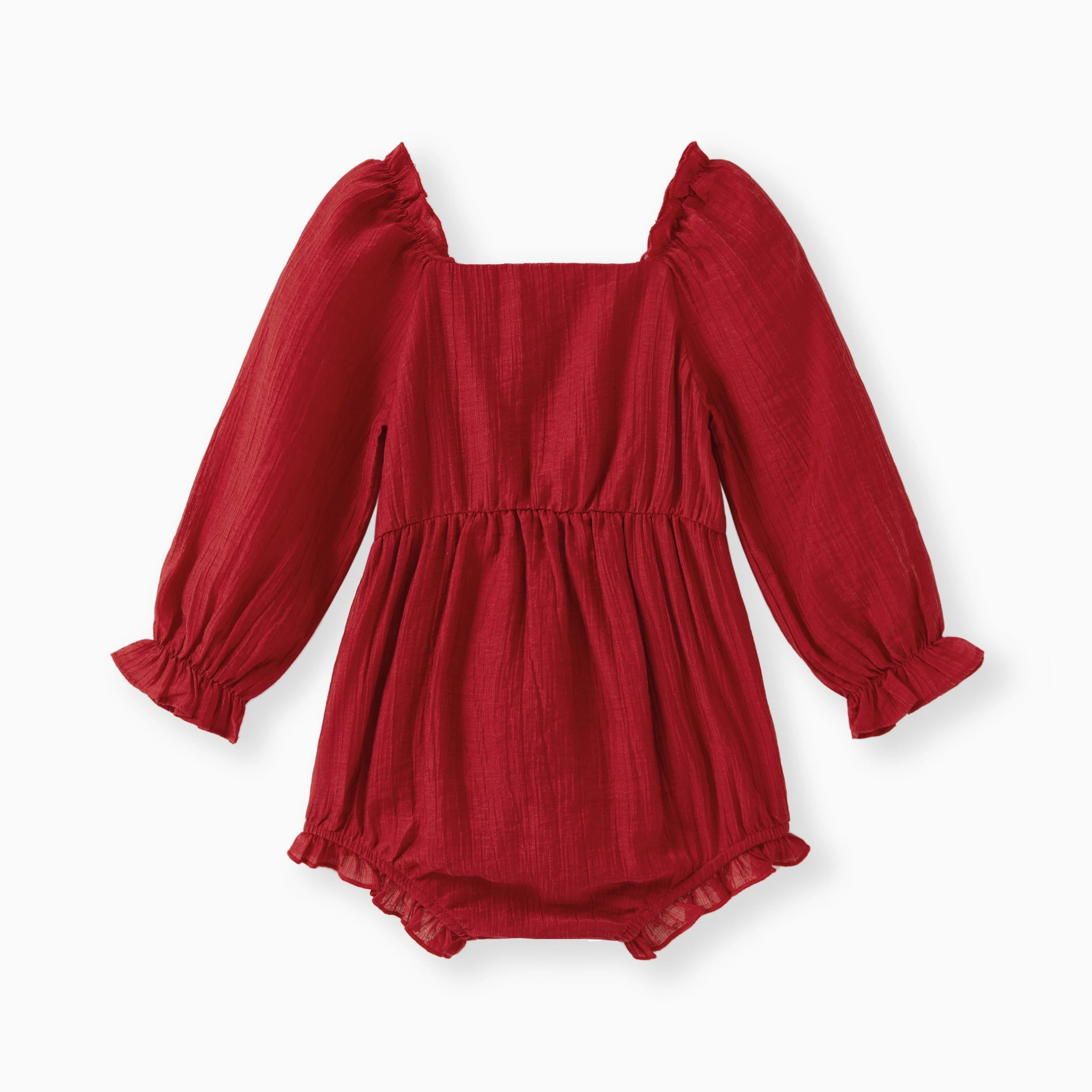 Dos du body rouge pour bébé avec manches longues et finition volantée