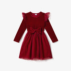 Robe fille en velours rouge avec nœud à la taille et jupe en tulle plumetis