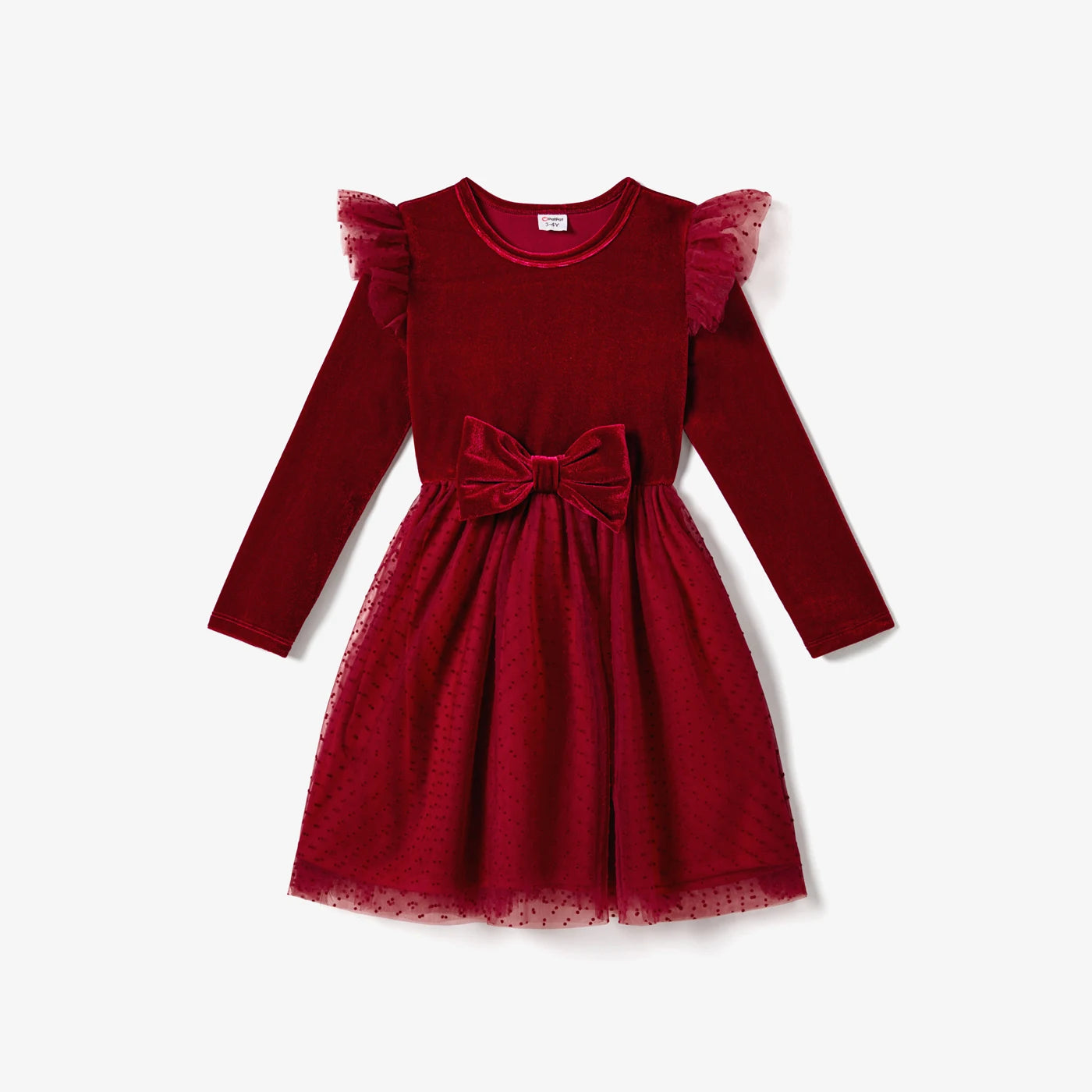 Robe fille en velours rouge avec nœud à la taille et jupe en tulle plumetis