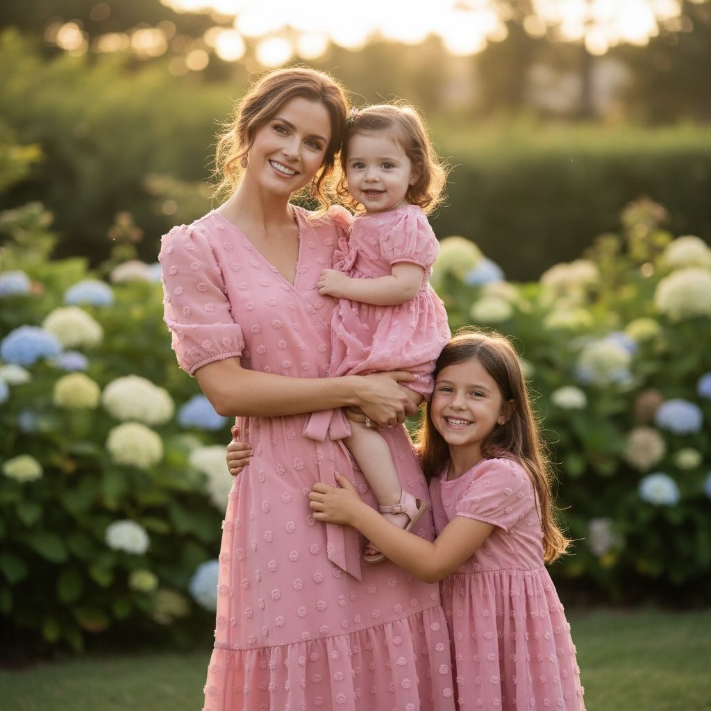 Maman et filles portant des robes assorties rose fluide en mousseline dans un jardin fleuri