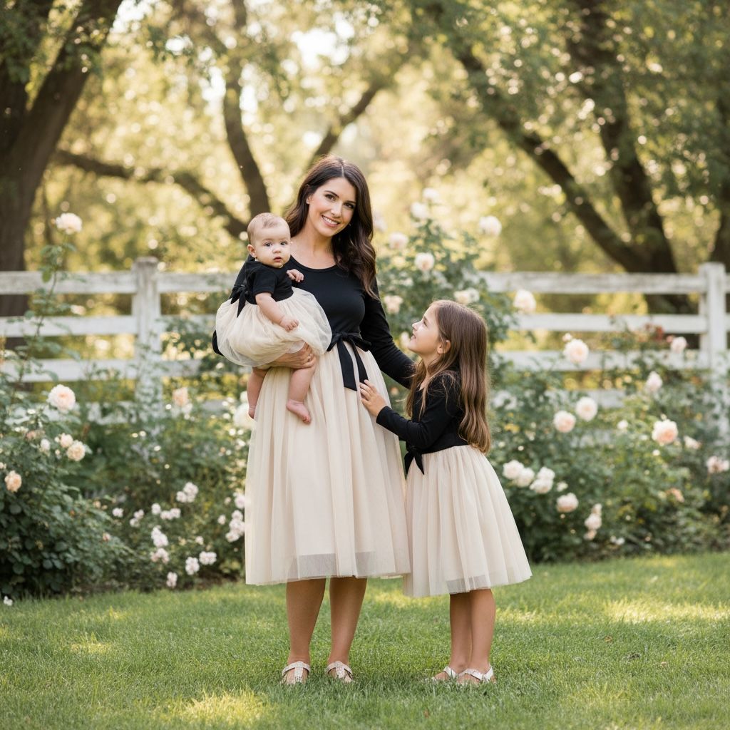 Robe mère fille assortie noire et beige, tenue coordonnée chic pour séance photo en extérieur