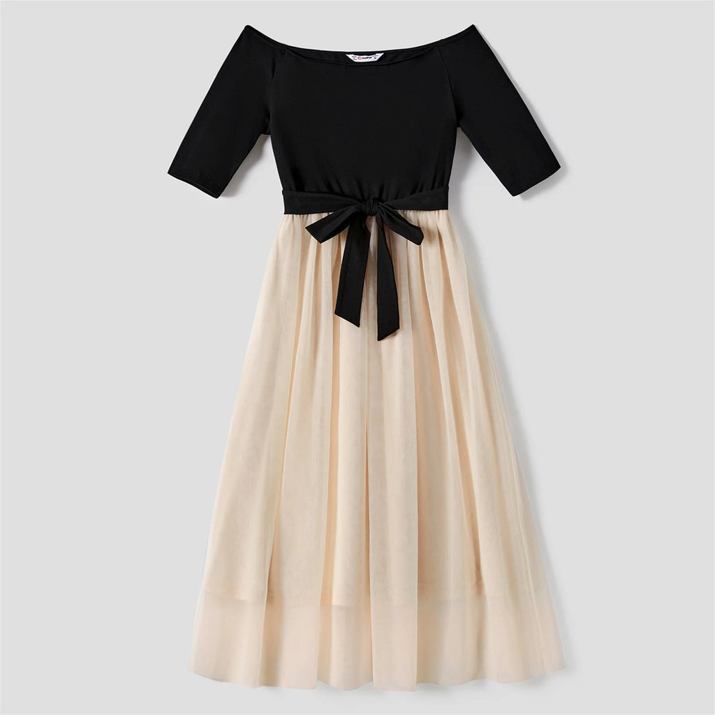 Robe femme noire et beige à manches mi-longues, jupe fluide en tulle et ceinture à nouer