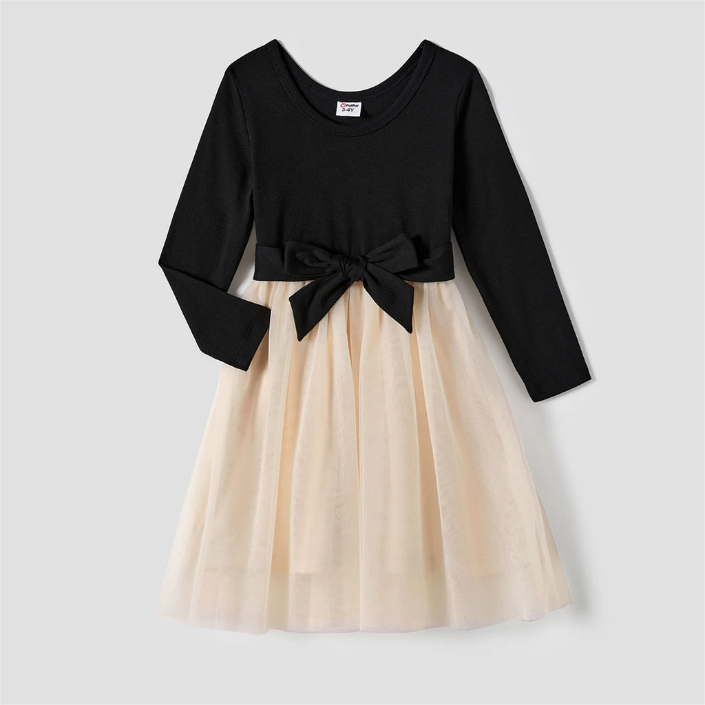 Robe fille noire et beige avec haut uni et jupe en tulle légère, élégante pour les cérémonies