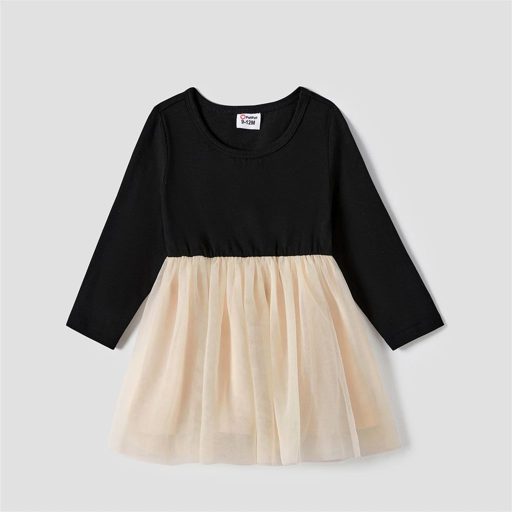 Robe bébé noire et beige à manches longues et jupe en tulle douce
