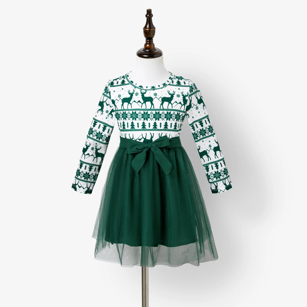Robe fille de Noël assortie à maman, manches longues vert sapin et tulle fluide