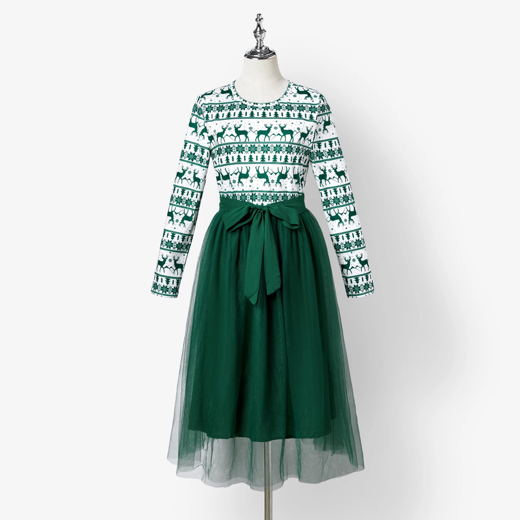 Robe mère fille de Noël élégante verte et blanche, parfaite pour les fêtes de fin d’année