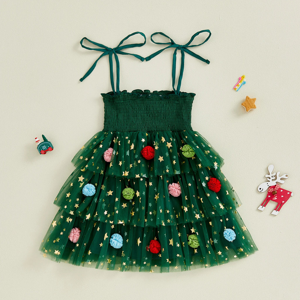 Robe sapin de Noël pour fille avec guirlandes colorées et étoiles dorées