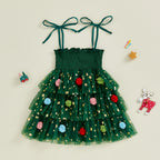 Robe sapin de Noël pour fille avec guirlandes colorées et étoiles dorées