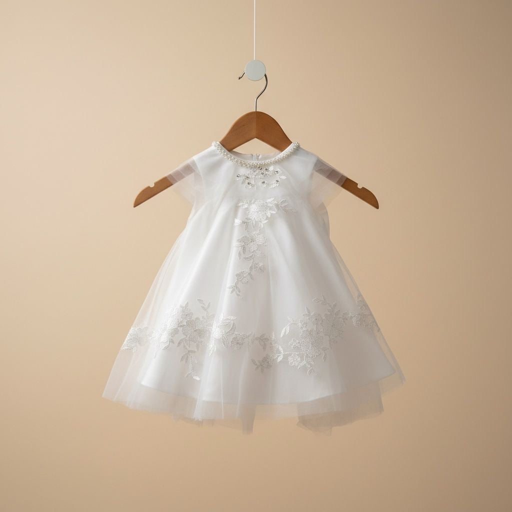 Robe baptême bébé fille blanche dentelle col perlé 18-24 mois vue de face