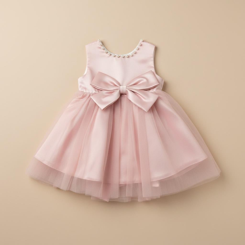 Robe cérémonie bébé fille rose poudré grand nœud satin 2 ans vue de face
