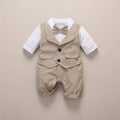 Barboteuse costume bébé garçon beige à carreaux, effet trompe-l'œil gilet et chemise