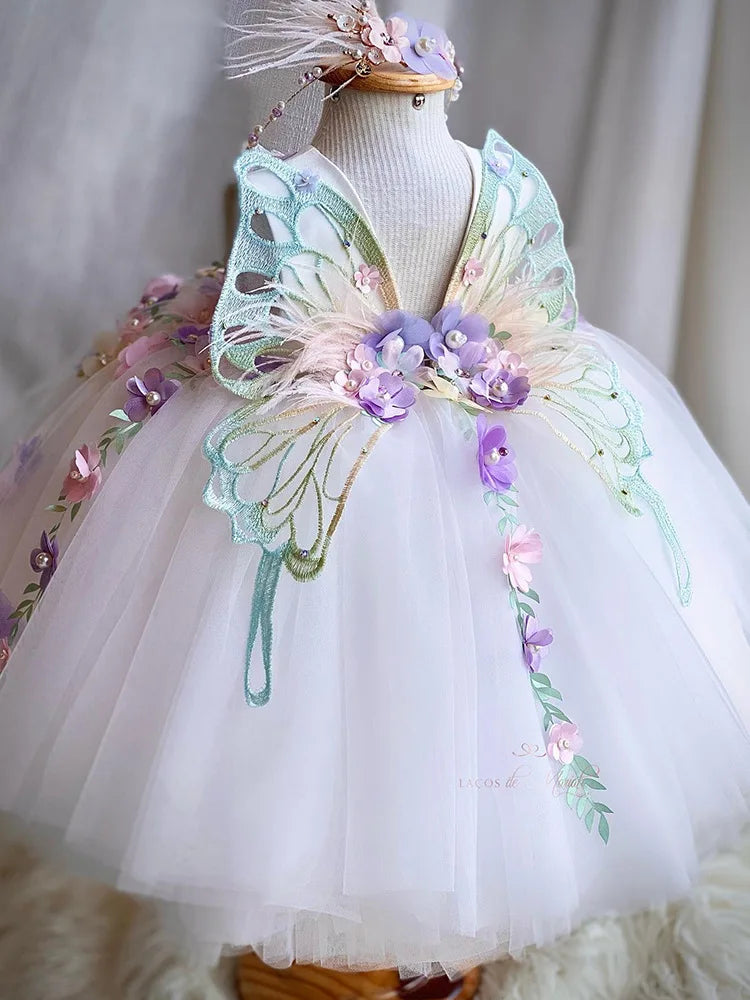 Vestido de cumpleaños para niña con jardín de mariposas