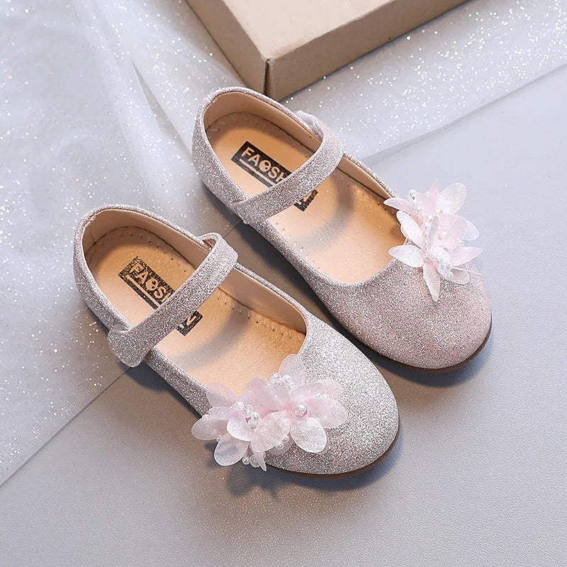 Ballerine fille paillettes et fleurs rose
