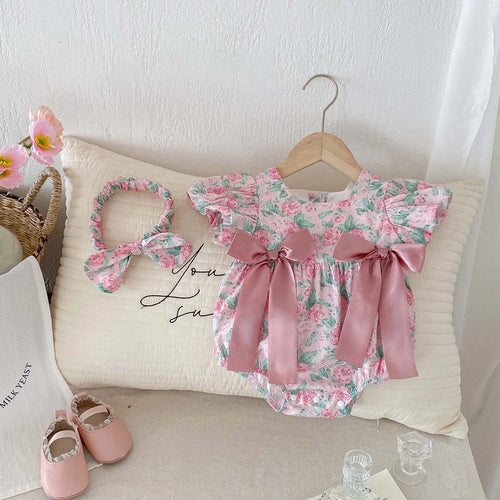 Ensemble barboteuse et bandeau bébé rose, matière coton 66cm