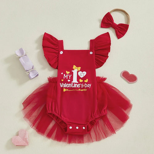 Barboteuse bébé My First Valentine's Day rouge avec manches volantées
