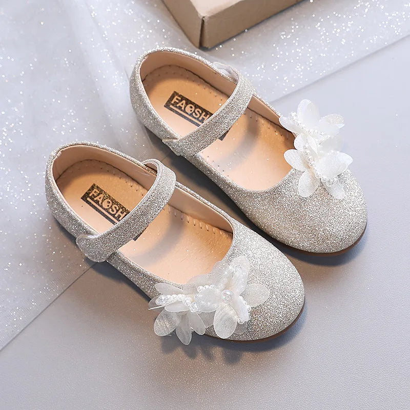 Ballerine fille paillettes et fleurs beige