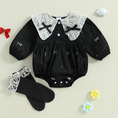 Barboteuse bébé noire 0-3 mois, petits nœuds sur le col