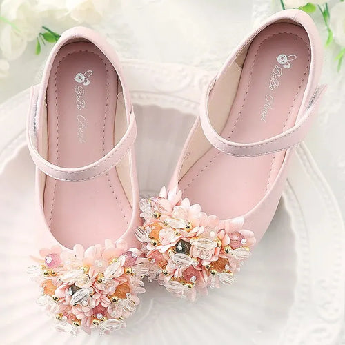 Ballerine fleurs blanche fille, détail perles et bout rond