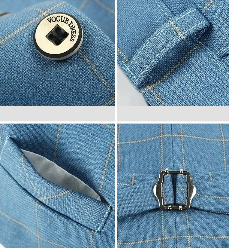 Détail bouton et poignet chemise, costume cérémonie garçon bleu à carreaux